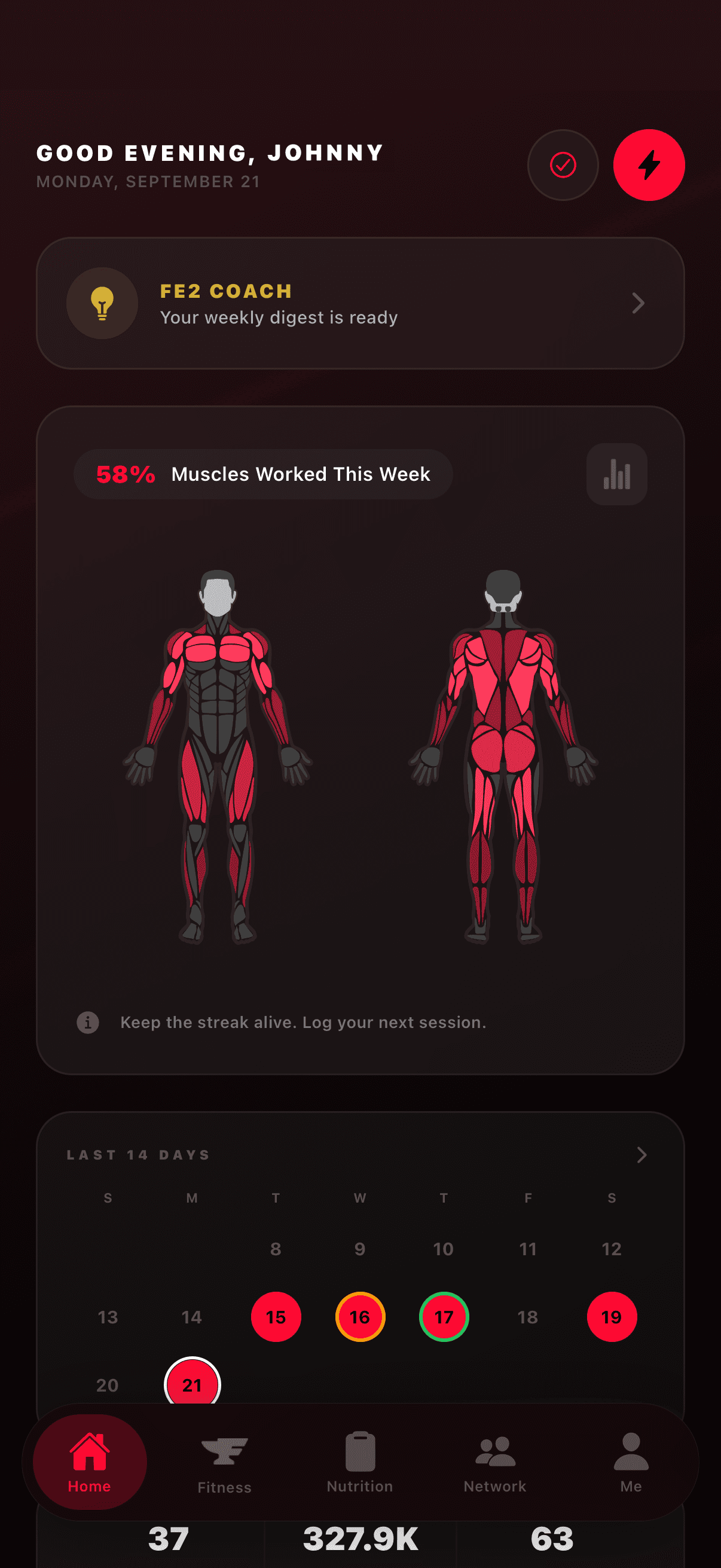 The Fe2 home screen, showing the AI Coach digest, muscles worked this week, and a training calendar.